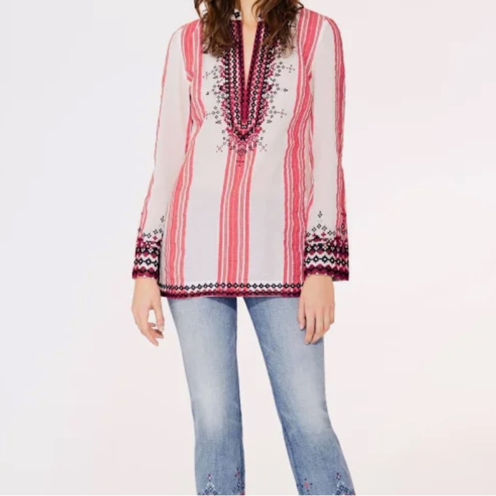Tory Burch Cotton striped V-neck Red White+Blue Embroidered tunic w/side zipper